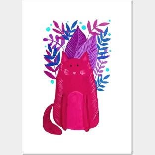 Cat and foliage - pink, purple and blue Posters and Art